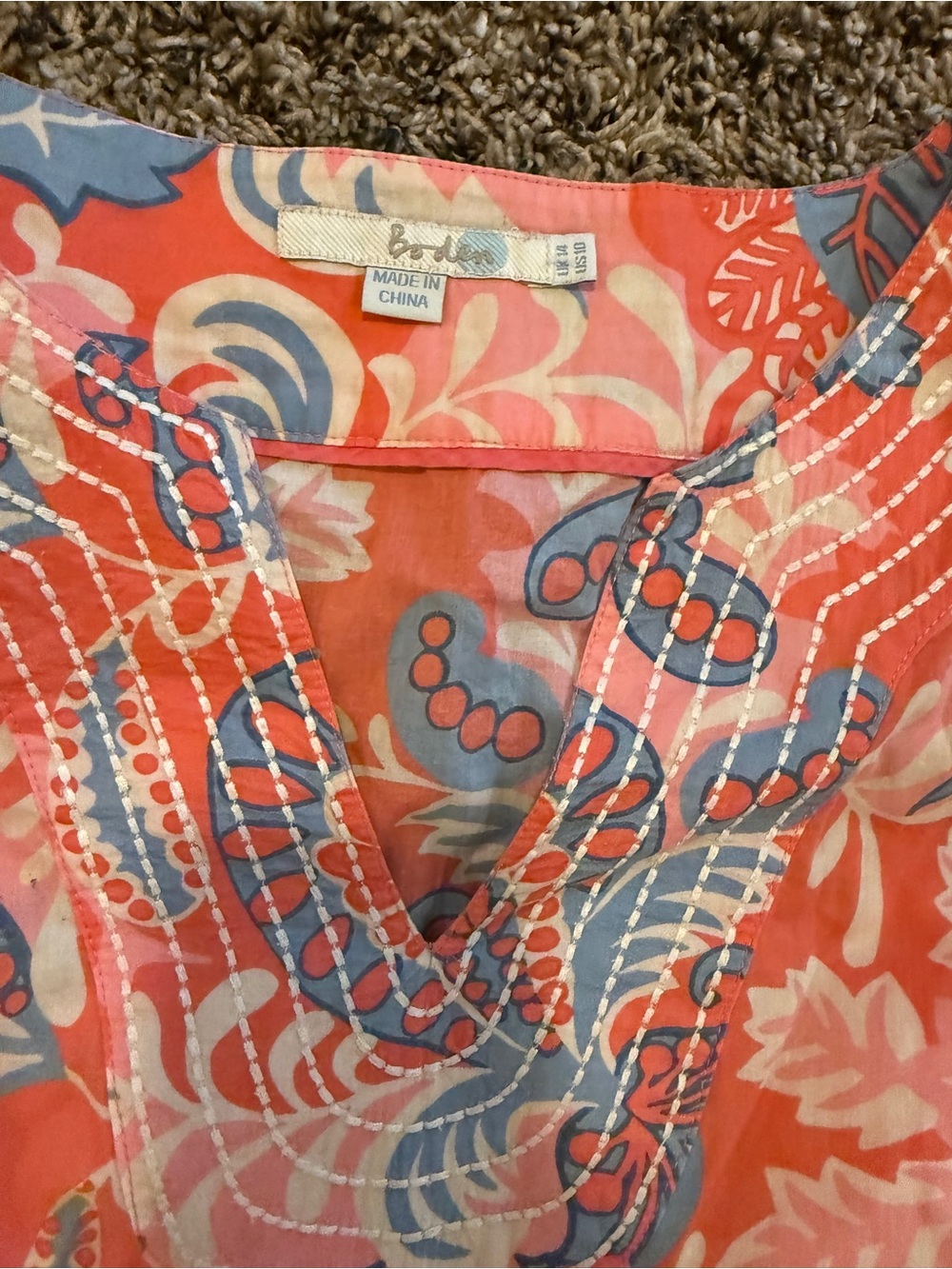 Boden Coral and Blue Floral V-Neck Tunic